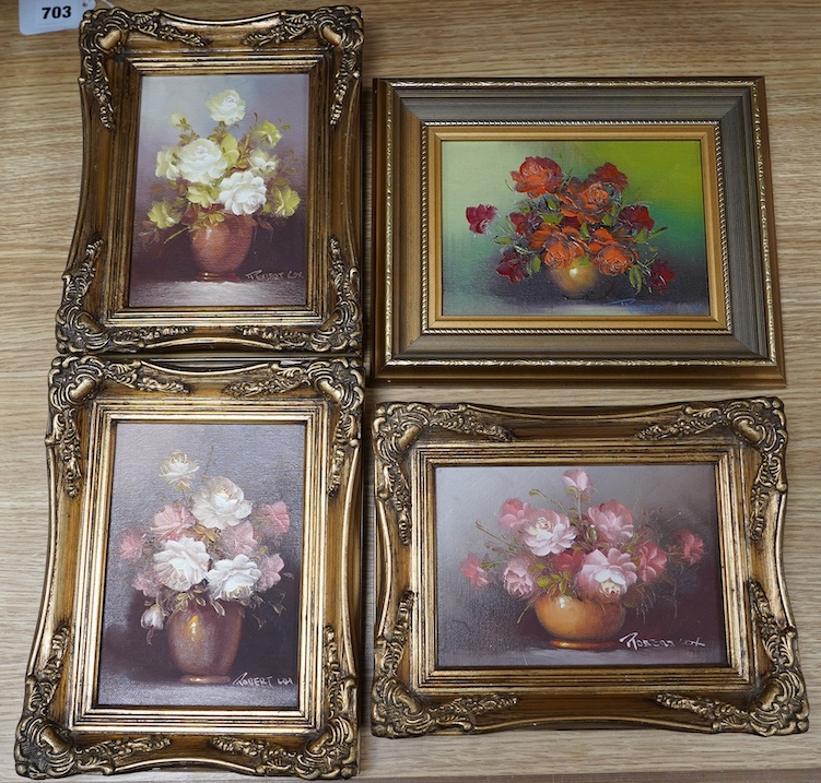 Robert Cox (1934-2001), four oils on board, Still lifes, 17 x 12cm. Condition - good